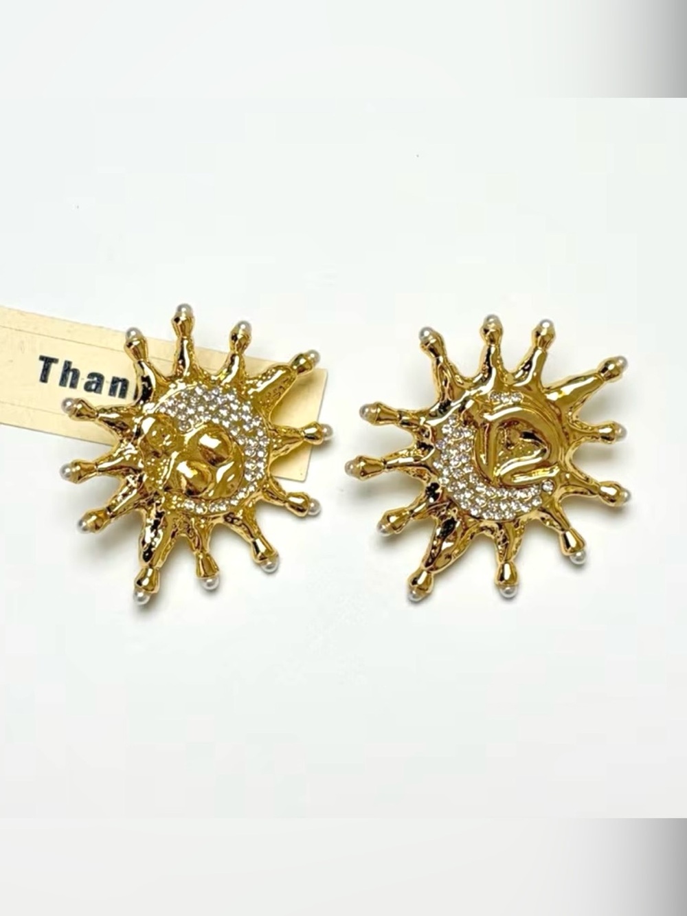 Schiaparelli Inspired Gold Sunburst Crystal Stud Earrings